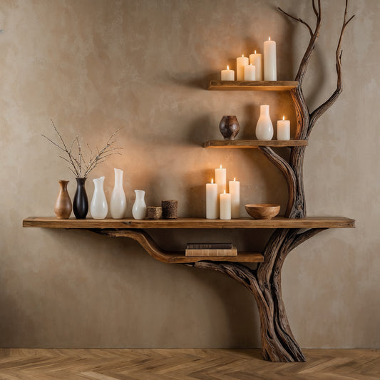 GlowTrunk Tree Console Table – Live Edge Rustic Shelf Design - Bespoke Wood TTK