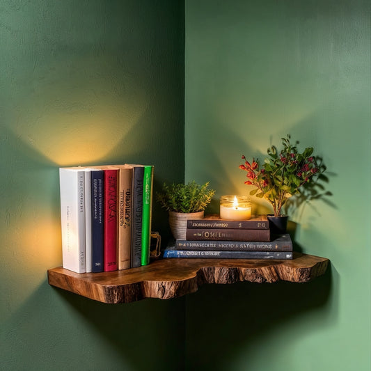 CedarGlow Live Edge Corner Shelf – Rustic Wood Wall Display For Cozy Home Decor - Bespoke Wood TTK