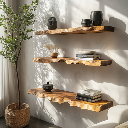 WoodHaze Floating Shelf  – Live Edge Solid Wood Wall Display for Books & Decor - Bespoke Wood TTK