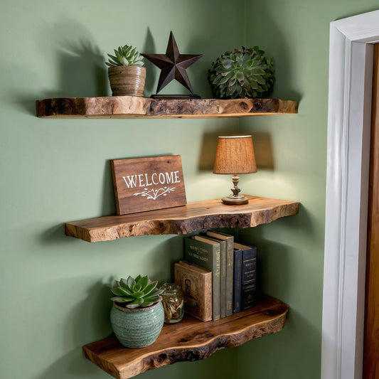WoodWisp Floating Shelf – Rustic Live Edge Solid Wood Wall Bookshelf - Bespoke Wood TTK