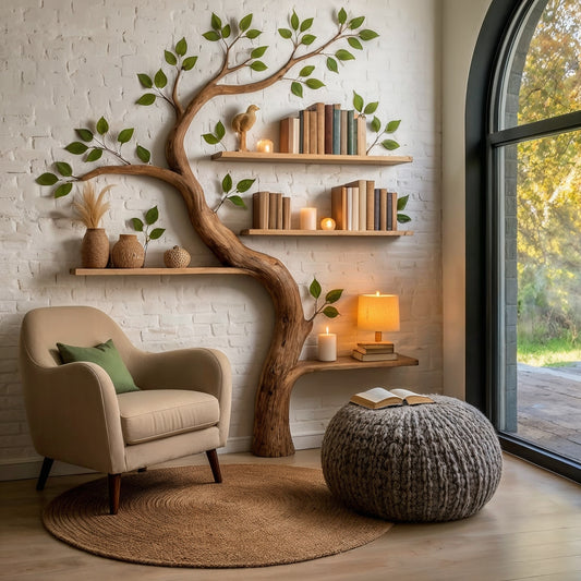 VerdantTale Tree Bookshelf – Handmade Wall Shelf with Leaves for Cozy Reading Nook - Bespoke Wood TTK