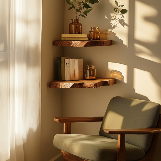 ElmHollow Corner Shelf – Rustic Floating Wall Shelf With Live Edge Design - Bespoke Wood TTK