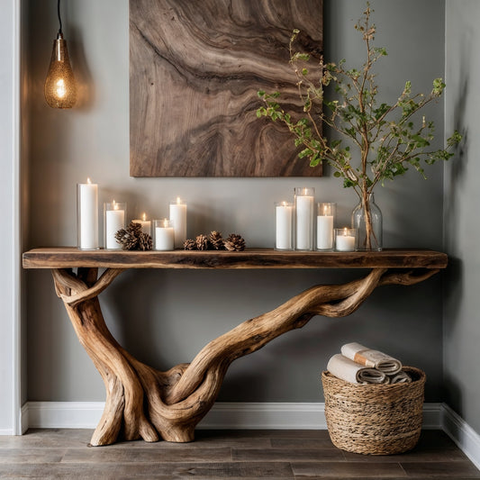 RootWoven Console Table – Live Edge Natural Wood Entryway Accent Table - Bespoke Wood TTK