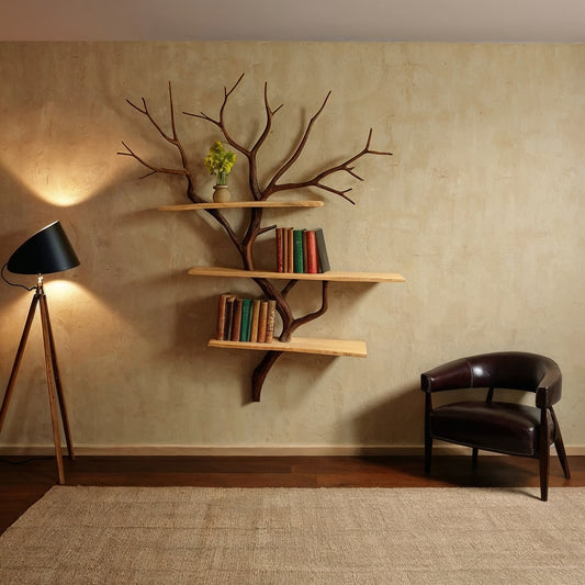 BranchForm Wall Tree Bookshelf – Minimalist Tree Branch Design with Live Edge Wood Shelves - Bespoke Wood TTK