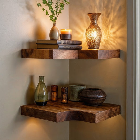 HearthLoom Floating Corner Shelf – Rustic Solid Wood Wall Shelf for Home Decor - Bespoke Wood TTK
