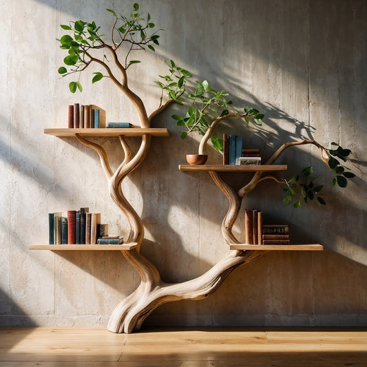 TwistBloom Tree Console Shelf – Handmade Branch Bookcase for Rustic Wall Decor - Bespoke Wood TTK