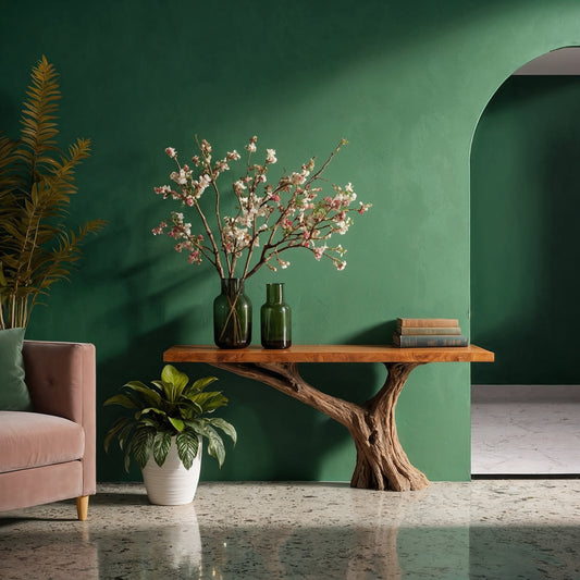 RootGlint Console Table – Reclaimed Wood Hallway Table with Natural Tree Base - Bespoke Wood TTK