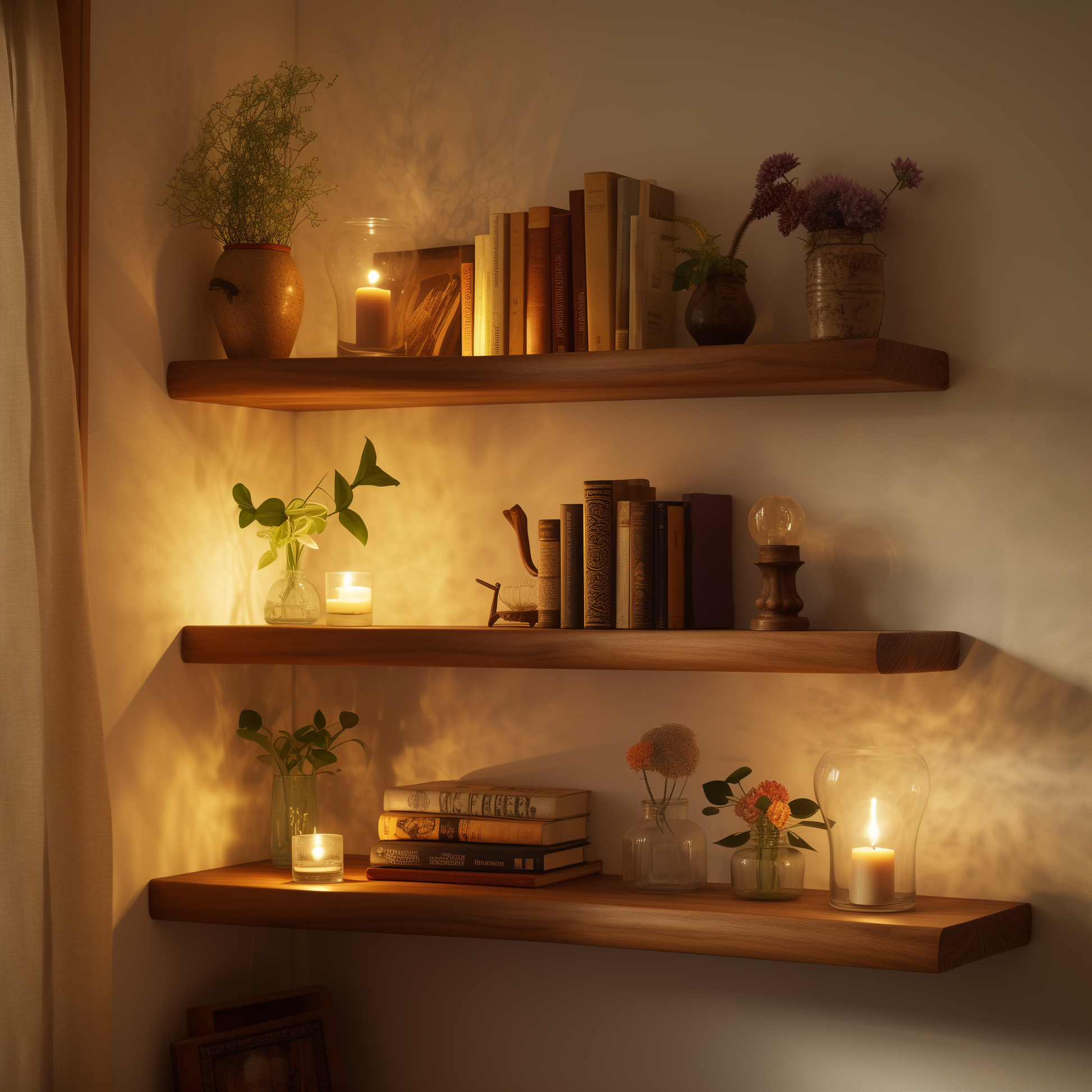 AmberRoot Floating Shelf – Rustic Wooden Wall Shelves With Candlelight Glow For Cozy Home Corners - Bespoke Wood TTK