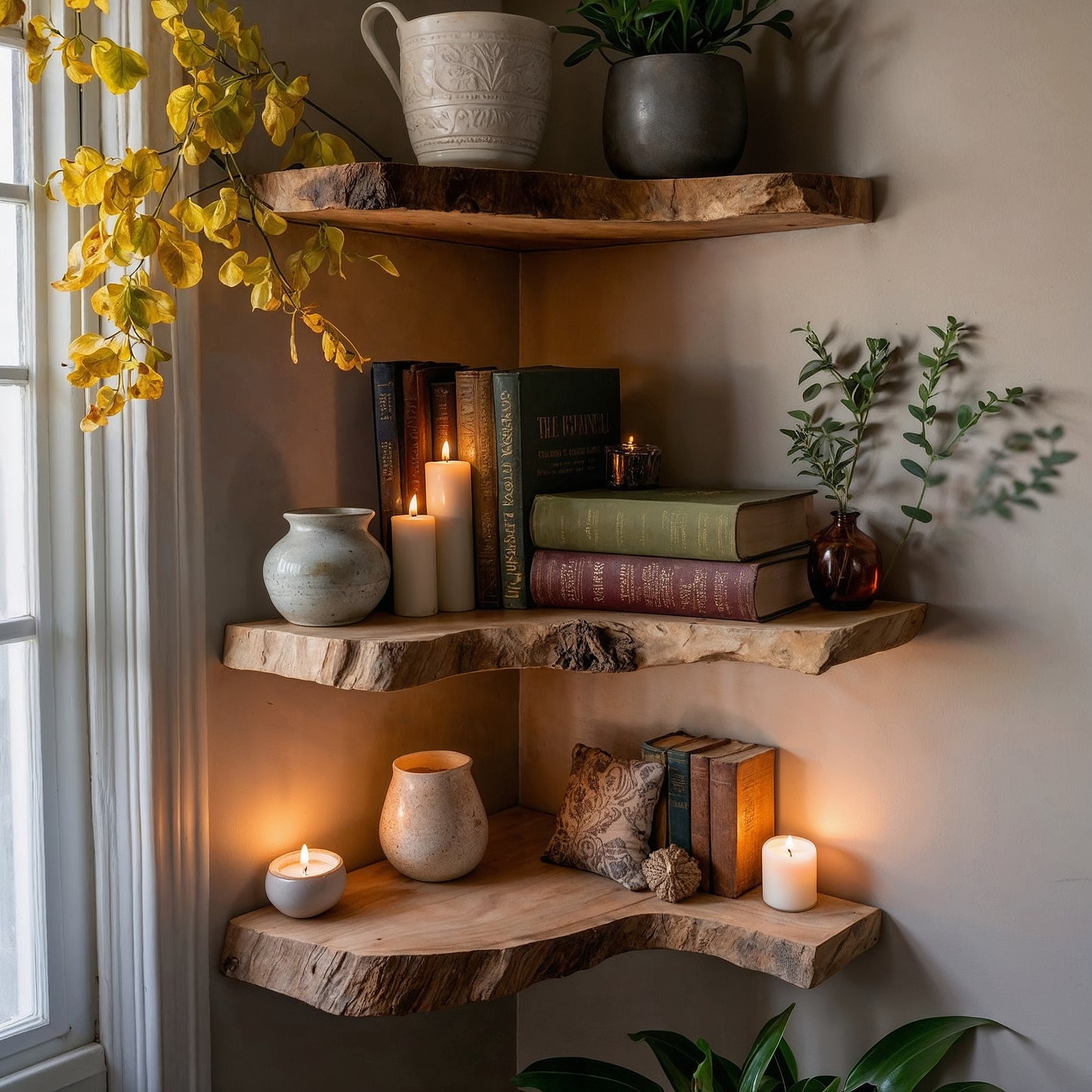 CornerBloom Corner Shelf – Live Edge Wooden Floating Corner Bookshelf - Bespoke Wood TTK