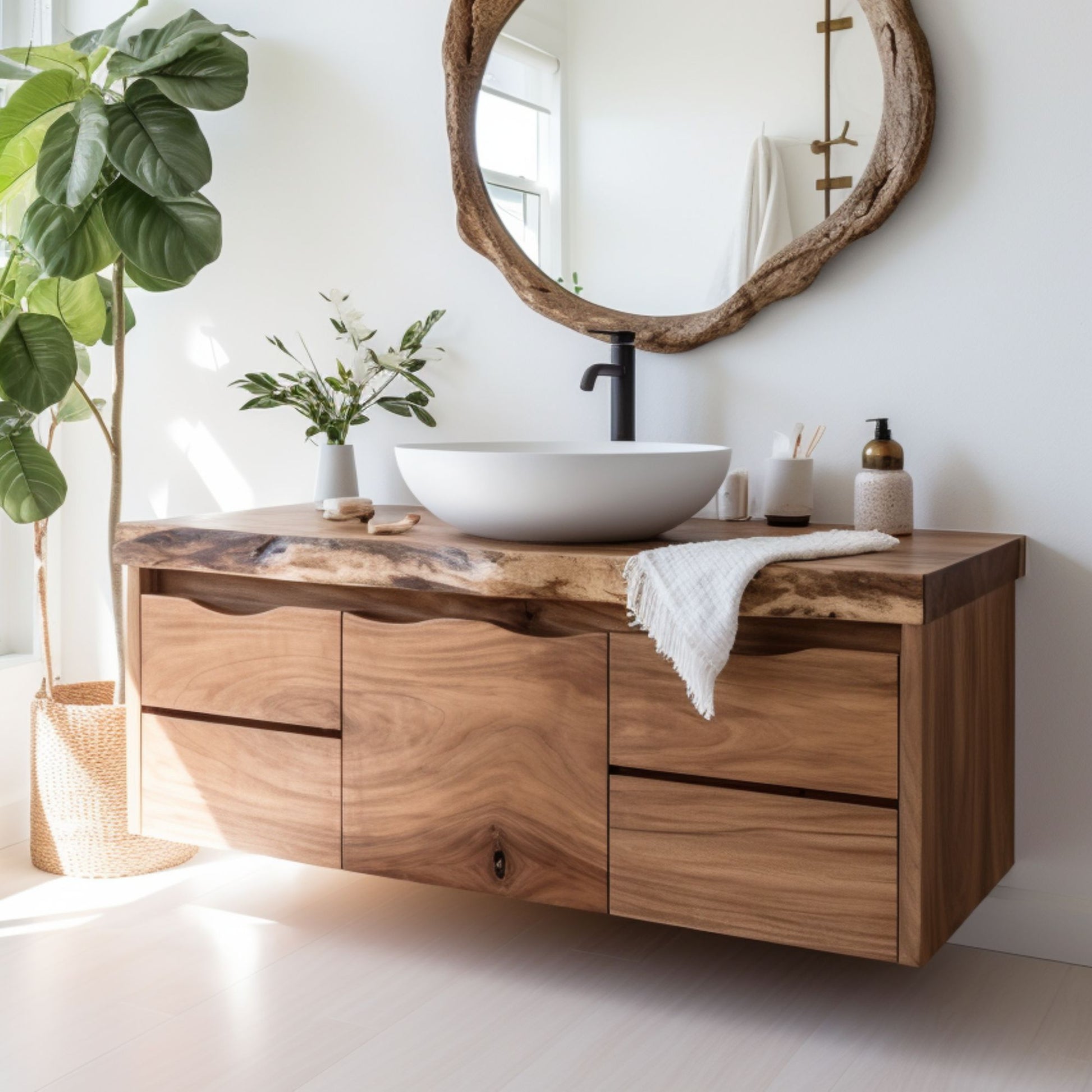 Luxury Floating Live-Edge Solid Wood Bathroom Vanity – Handmade Custom Sink Cabinet with Drawers & Storage - Bespoke Wood TTK