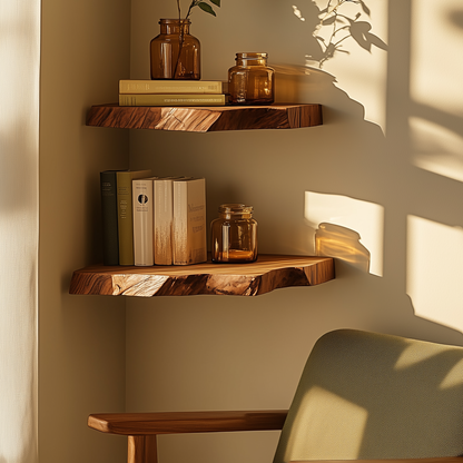 ElmHollow Corner Shelf – Rustic Floating Wall Shelf With Live Edge Design - Bespoke Wood TTK