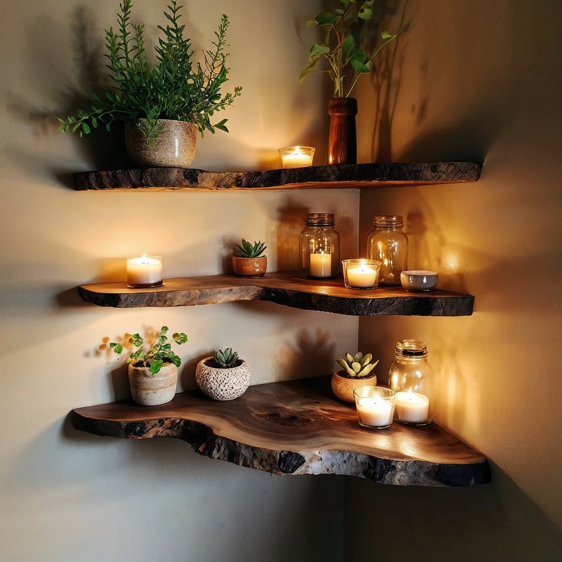 GlowHaven Corner Shelf – Rustic Live Edge Floating Wood Display for Cozy Spaces - Bespoke Wood TTK