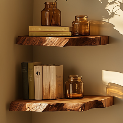 ElmHollow Corner Shelf – Rustic Floating Wall Shelf With Live Edge Design - Bespoke Wood TTK