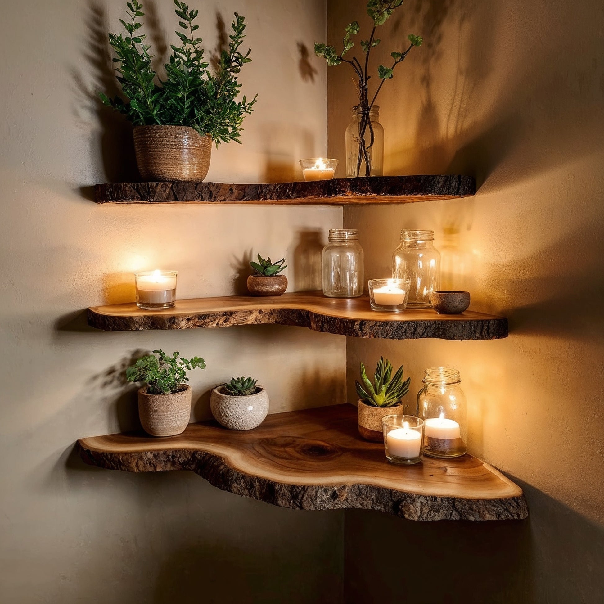 GlowHaven Corner Shelf – Rustic Live Edge Floating Wood Display for Cozy Spaces - Bespoke Wood TTK