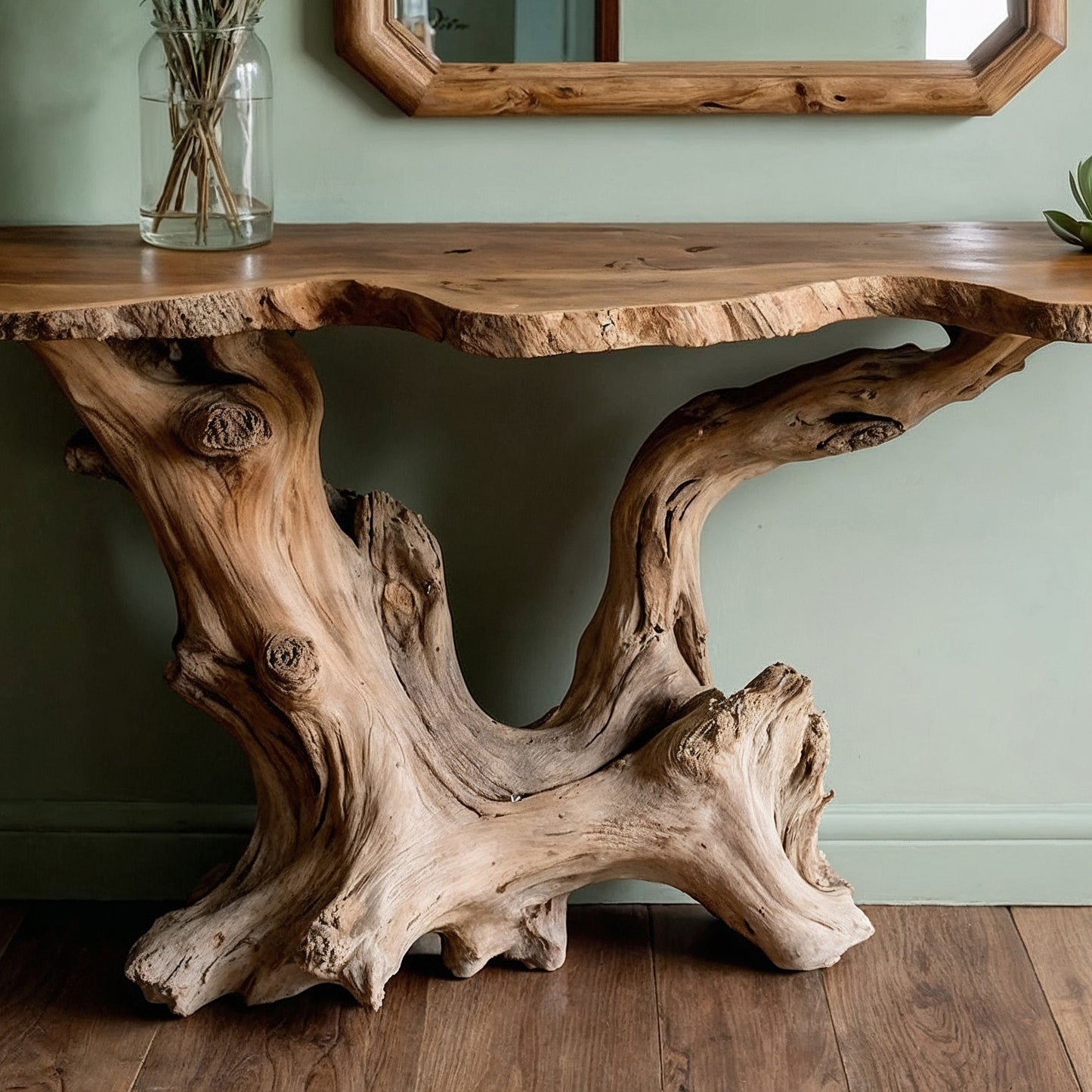 KnotRoot Console Table – Handmade Live Edge Wood Entryway Table with Organic Base - Bespoke Wood TTK