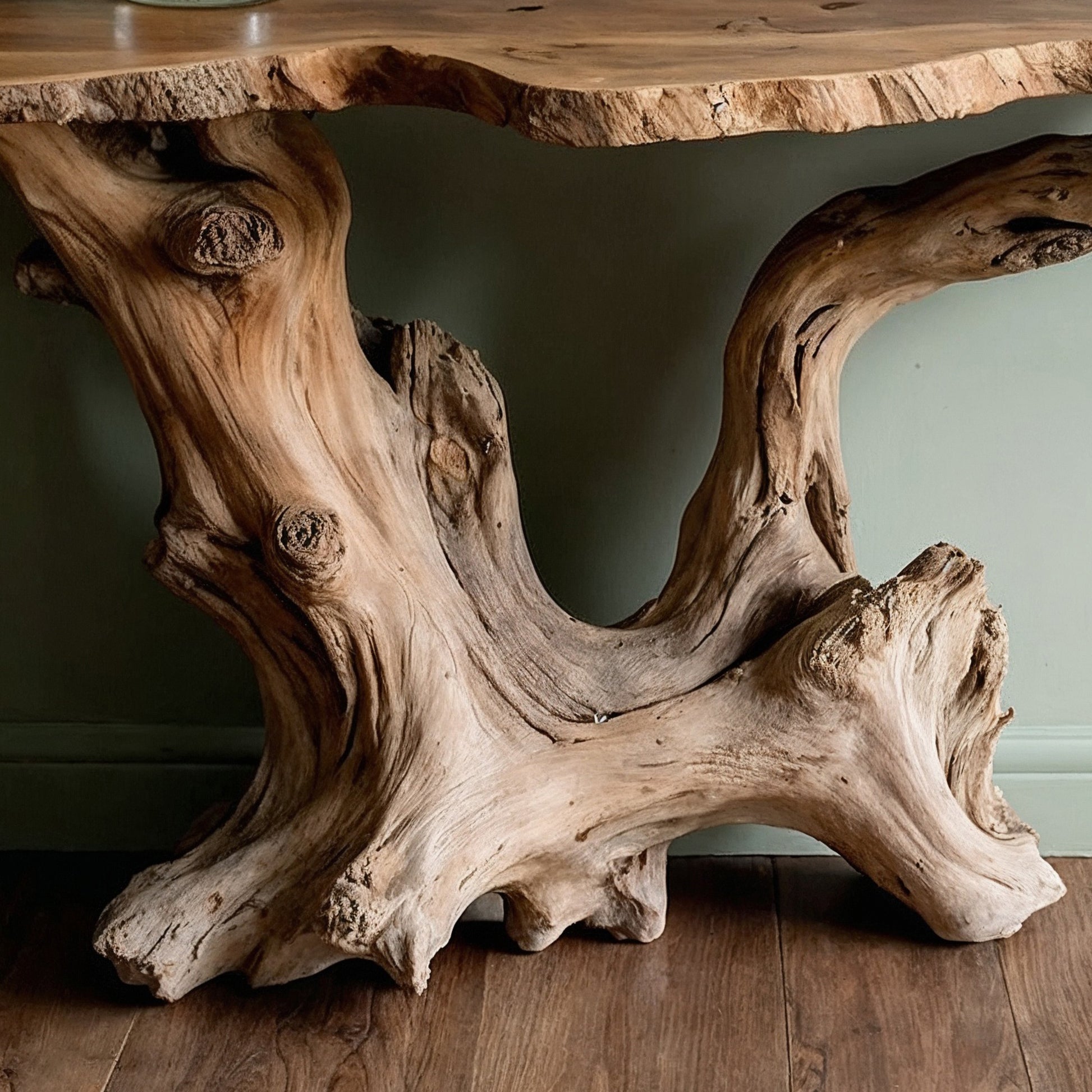 KnotRoot Console Table – Handmade Live Edge Wood Entryway Table with Organic Base - Bespoke Wood TTK