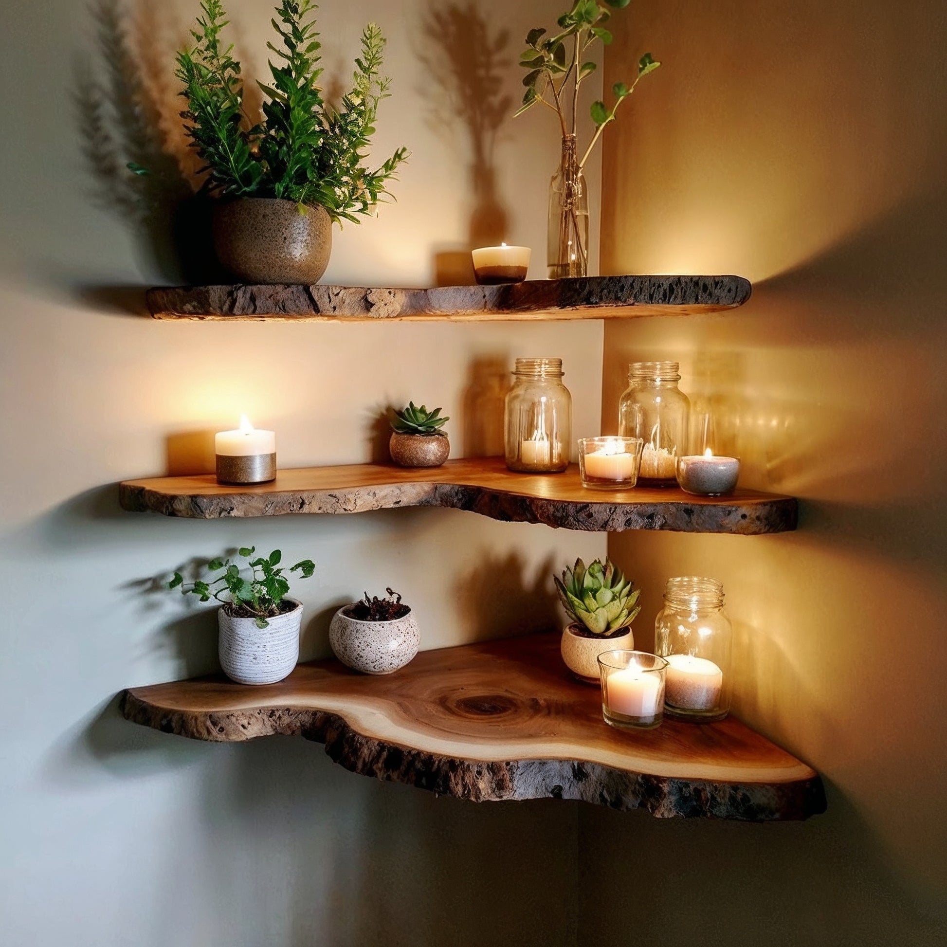 GlowHaven Corner Shelf – Rustic Live Edge Floating Wood Display for Cozy Spaces - Bespoke Wood TTK
