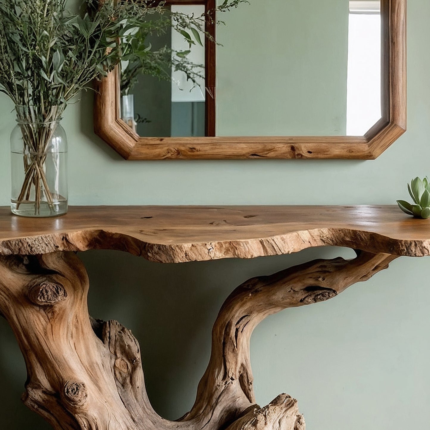 KnotRoot Console Table – Handmade Live Edge Wood Entryway Table with Organic Base - Bespoke Wood TTK