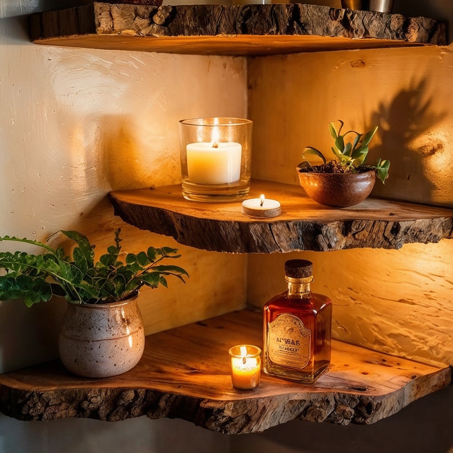 Rustic Wood Corner Shelf – Live Edge Floating Bookshelf, Wall-Mounted Home Decor, Handmade Gift Idea