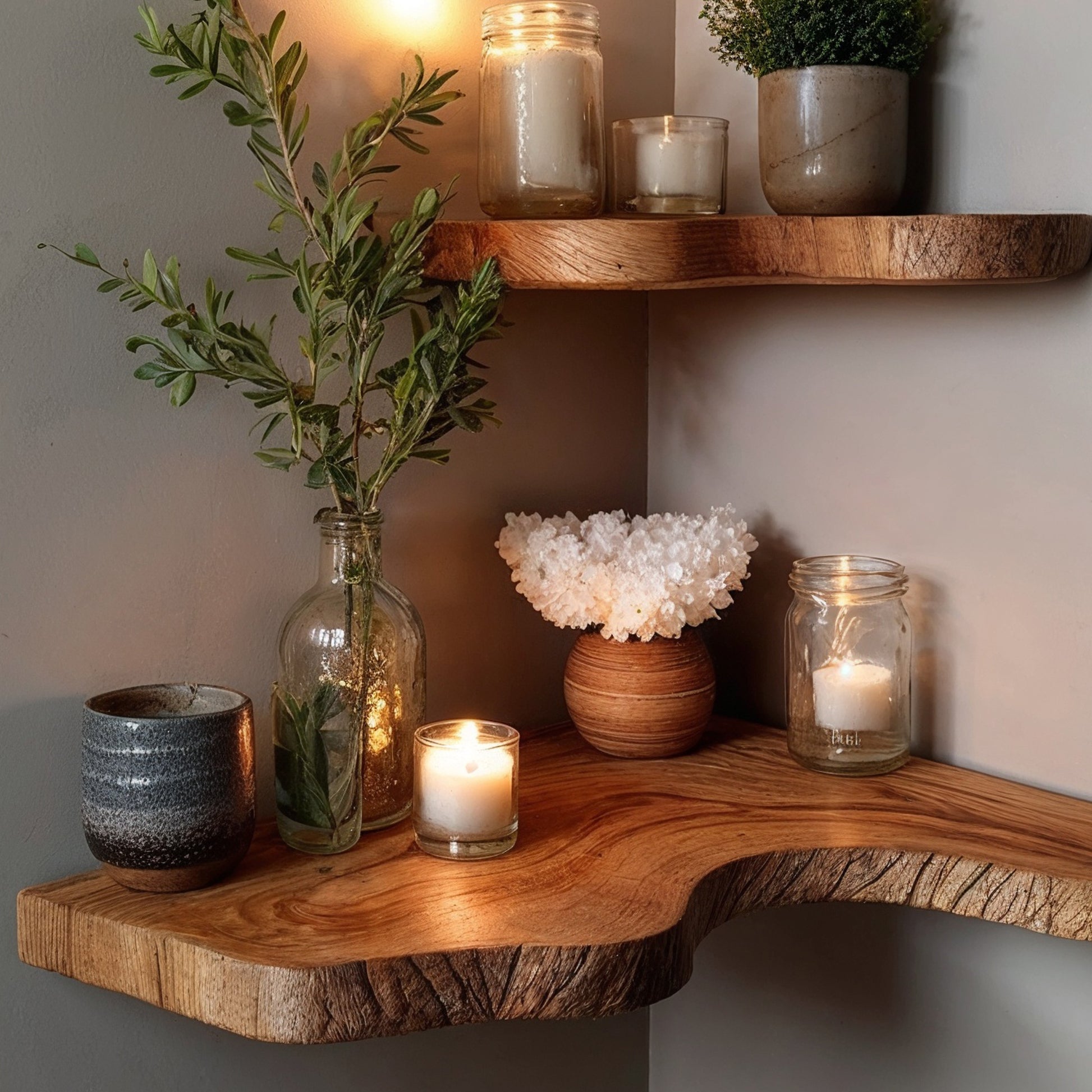 TrunkNest Corner Wall Shelf – Rustic Live Edge Floating Bookshelf for Housewarming & Decor