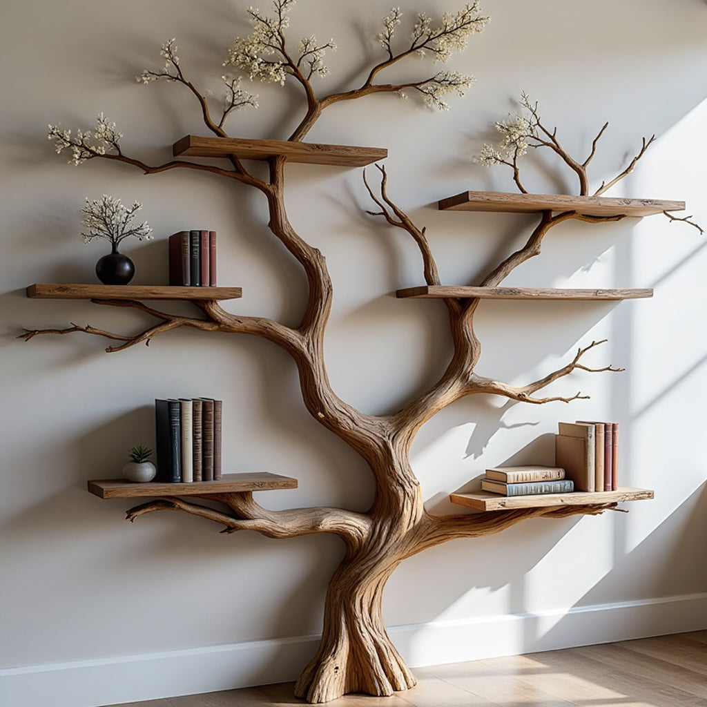 Grainsculpt Tree Bookshelf  Handcrafted Live Edge Driftwood Branch Bookcase For Rustic Living Room Decor