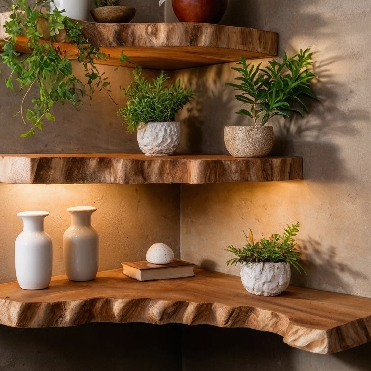 WoodBloom Corner Shelf – Handmade Live Edge Floating Wood Shelves for Boho & Japandi Interiors