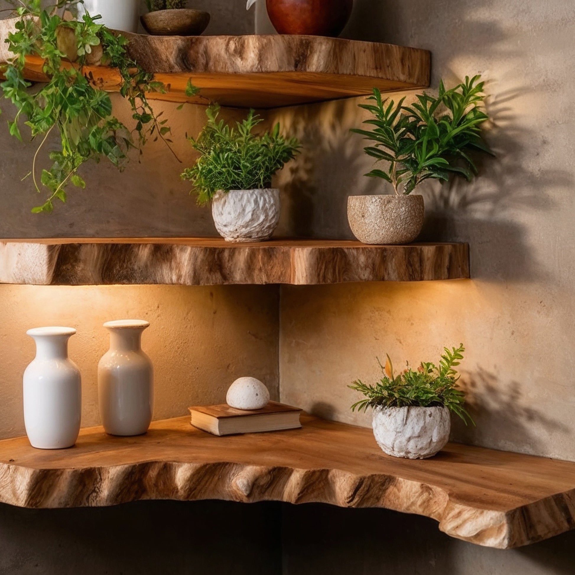 WoodBloom Corner Shelf – Handmade Live Edge Floating Wood Shelves for Boho & Japandi Interiors