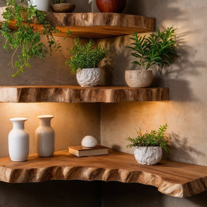 WoodBloom Corner Shelf – Handmade Live Edge Floating Wood Shelves for Boho & Japandi Interiors