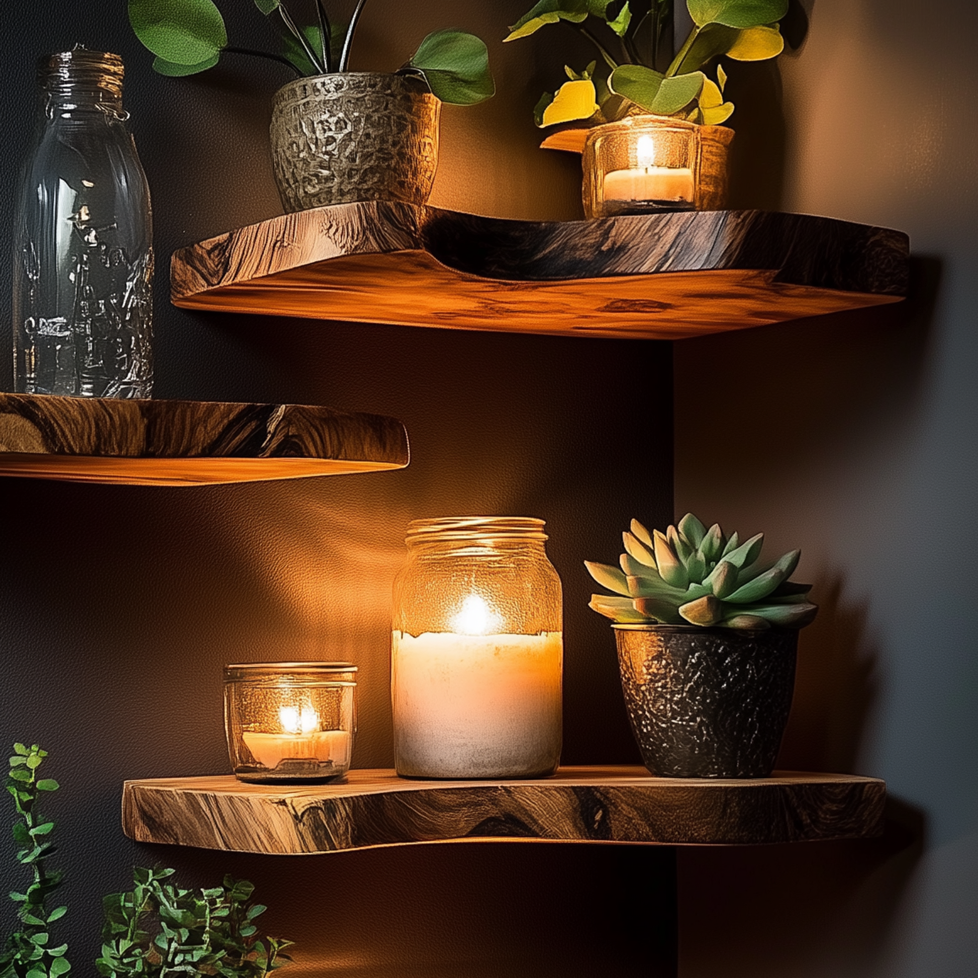 BranchWeave Floating Corner Shelf – Custom Live Edge Solid Wood Bookshelves for Rustic Homes