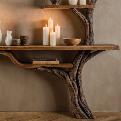 GlowTrunk Tree Console Table – Live Edge Rustic Shelf Design - Bespoke Wood TTK