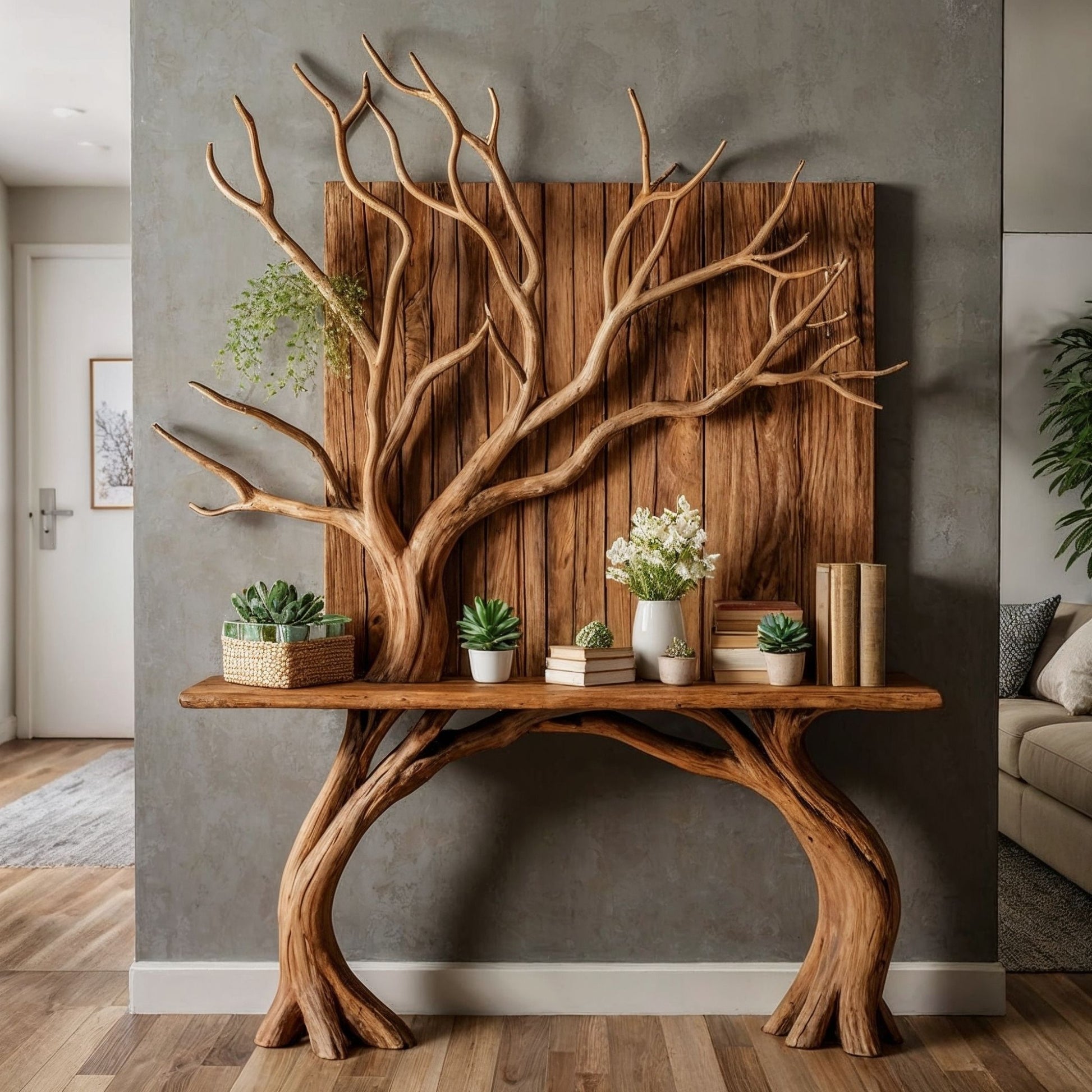 TreeRise Console Table | Handmade Live Edge Entryway with Tree Wall Decor - Bespoke Wood TTK