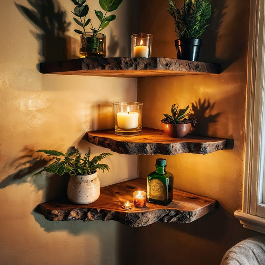 EmberWood Corner Shelf – Rustic Live Edge Floating Bookshelf - Bespoke Wood TTK