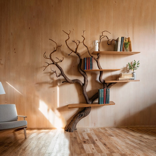 ElmRise Tree Wall Bookshelf – Handmade Wall-Mounted Branch Bookcase with Wooden Shelves - Bespoke Wood TTK