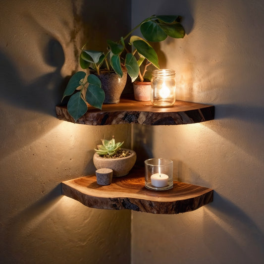 GlowNest Rustic Corner Shelf – Handmade Floating Wooden Wall Bookshelf - Bespoke Wood TTK