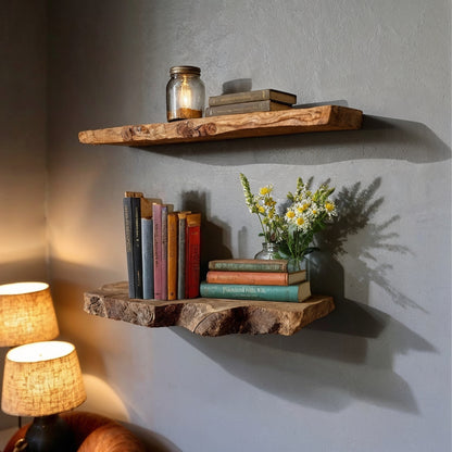 OakLedge Long Floating Shelf – Rustic Live Edge Wall Bookshelf - Bespoke Wood TTK