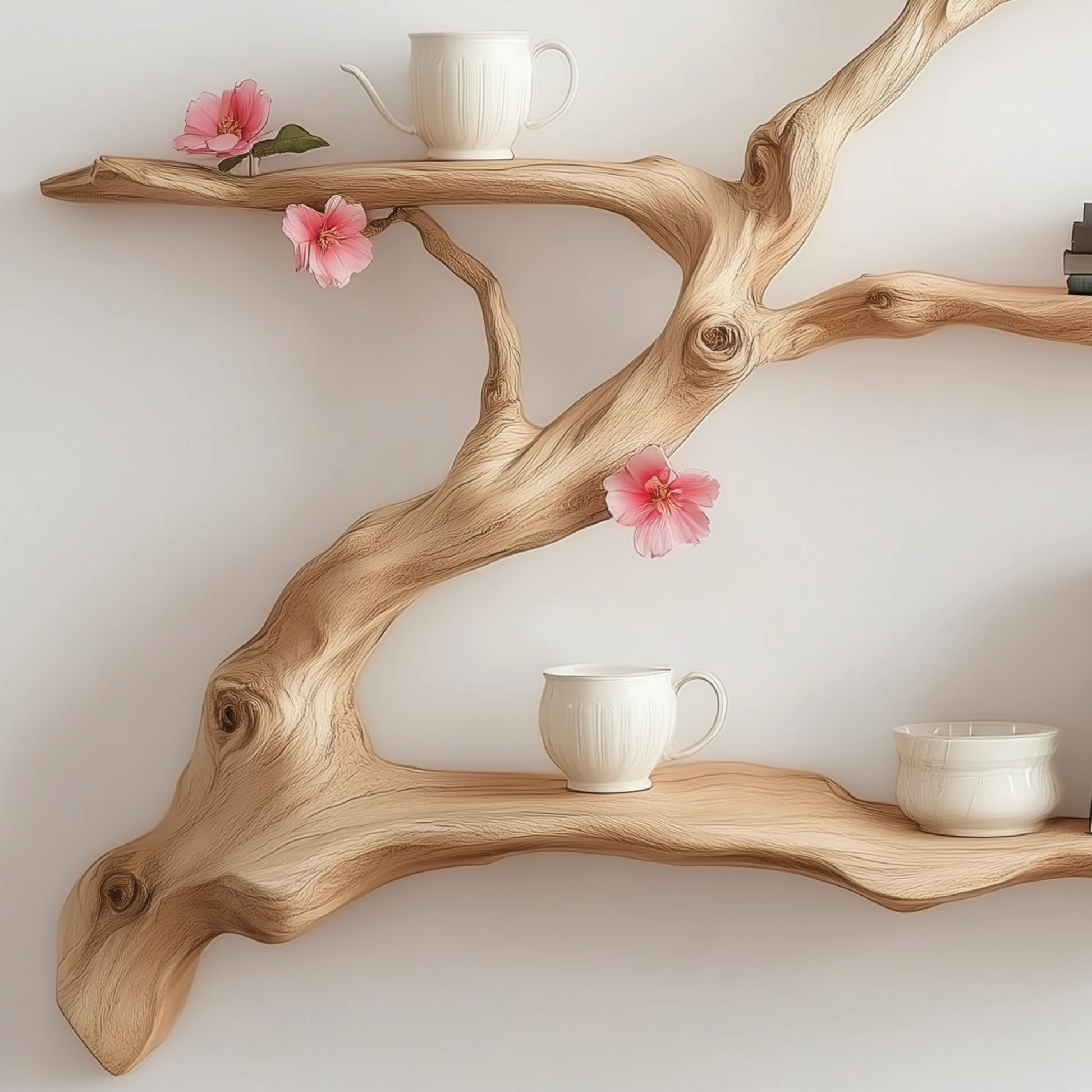 Zenblossom Tree Bookshelf | 3-Tier Wooden Branch Wall Shelf For Japanese Zen & Nature-Inspired Home Decor - Bespoke Wood TTK