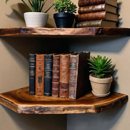 CornerRoot Floating Shelf – Handmade Rustic Live Edge Wooden Wall Display - Bespoke Wood TTK
