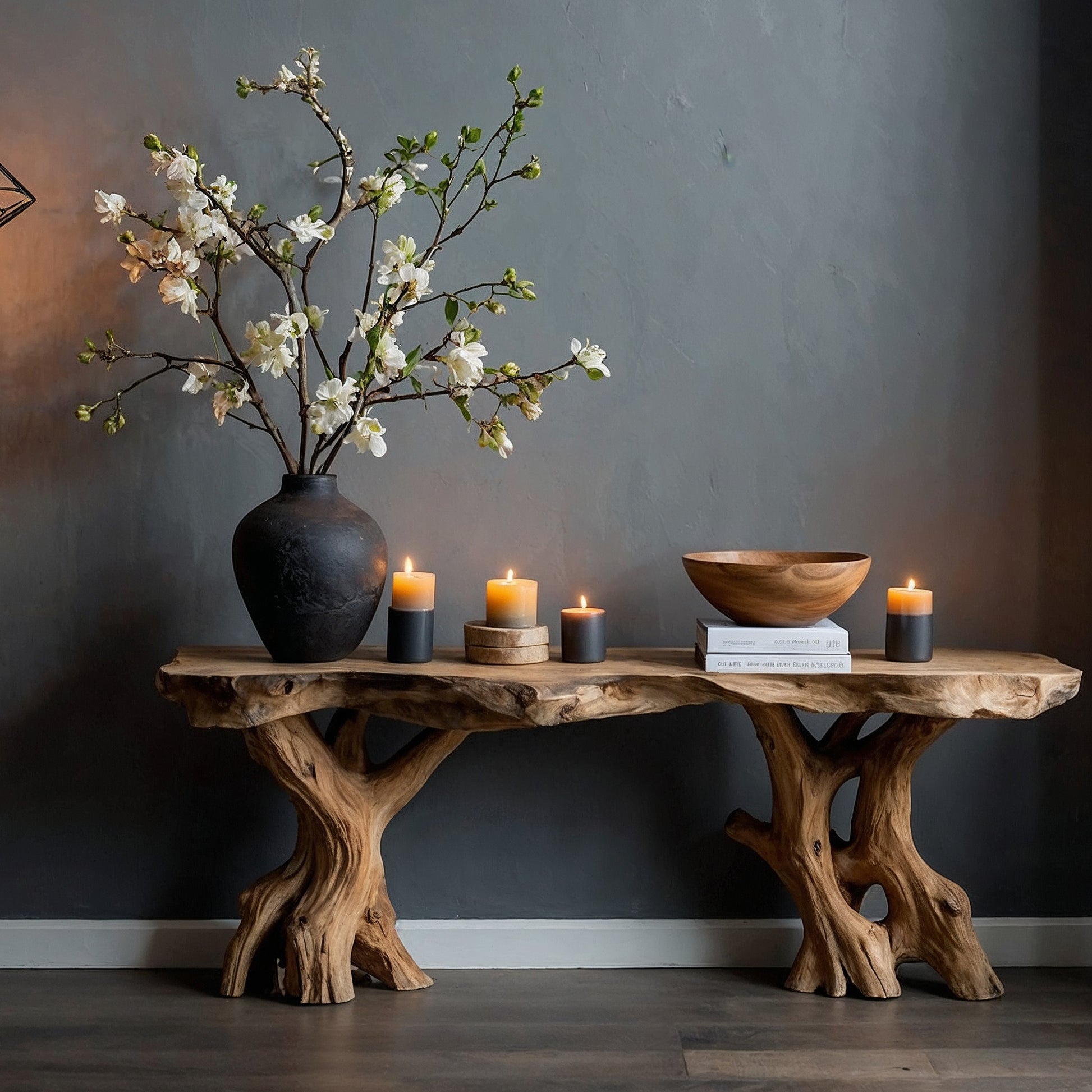 RootPath Console Table – Rustic Live Edge Entryway Table with Sculptural Wood Base - Bespoke Wood TTK