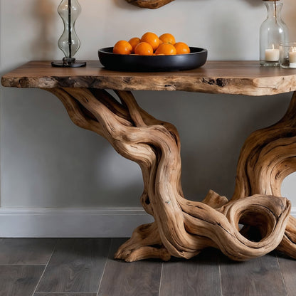 TwistRoot Console Table – Live Edge Solid Wood Entryway Table with Sculptural Base - Bespoke Wood TTK