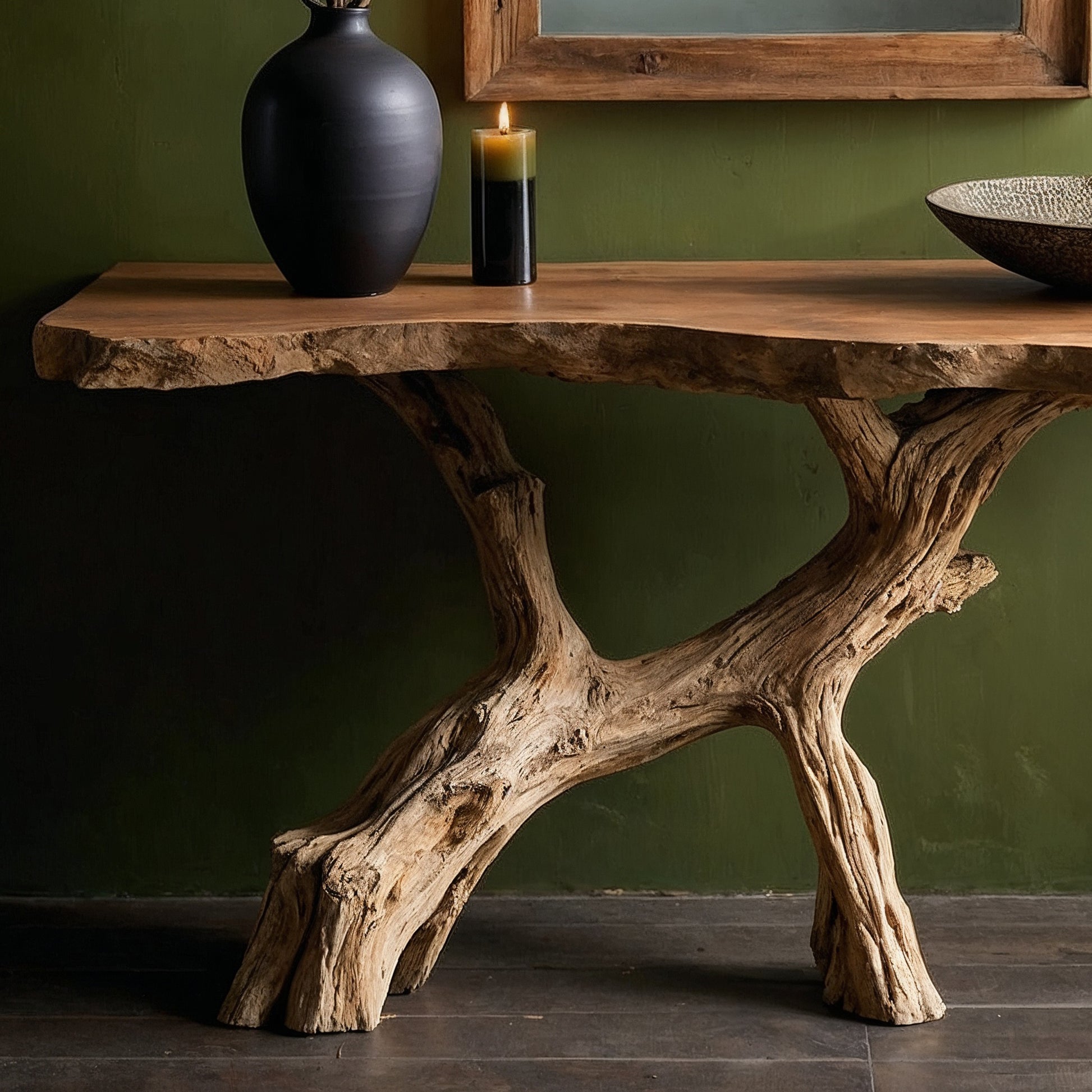 MossRoot Console Table – Rustic Live Edge Entry Table with Natural Wood Base - Bespoke Wood TTK