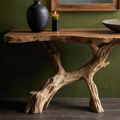 MossRoot Console Table – Rustic Live Edge Entry Table with Natural Wood Base - Bespoke Wood TTK