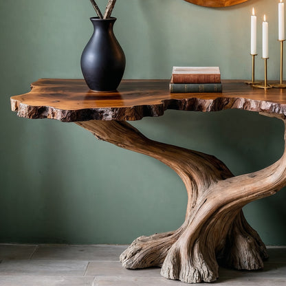 RootRise Console Table – Live Edge Handmade Entry Table with Sculpted Wood Base - Bespoke Wood TTK