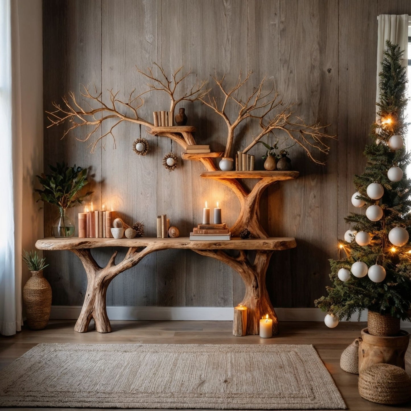 SolsticeTree Console Table | Live Edge Farmhouse Entryway with Bookshelf - Bespoke Wood TTK