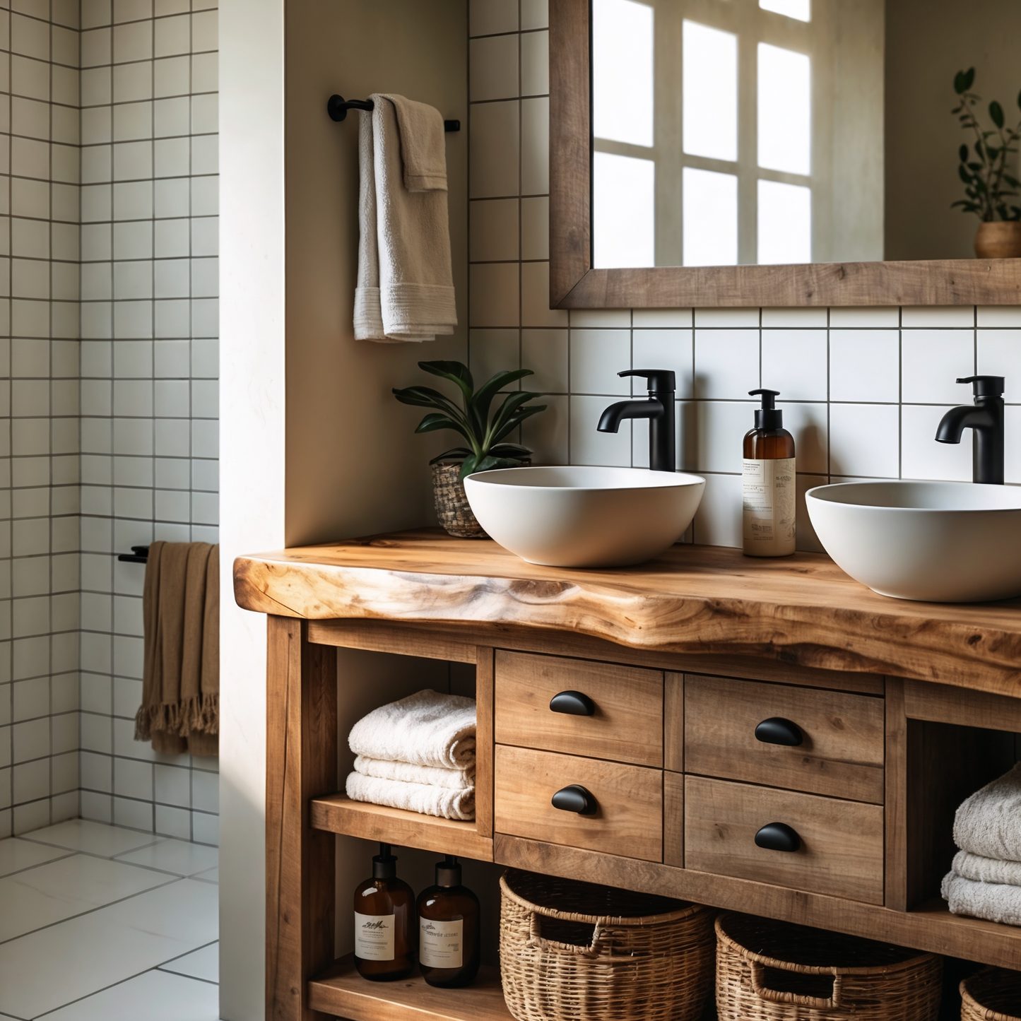 Live Edge Solid Wood Bathroom Vanity – Rustic Handmade Wood Sink Cabinet, Custom Natural Wood Vanity - Bespoke Wood TTK