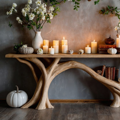 CanopyBloom Tree Console Table – Natural Wood Entryway with Branch Shelf - Bespoke Wood TTK