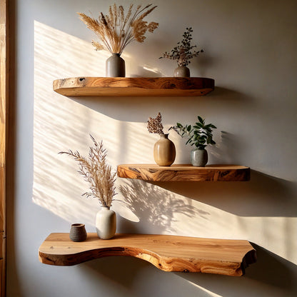 BranchCraft Floating Wall Shelf – Live Edge Solid Wood Wall Shelves for Rustic Display - Bespoke Wood TTK