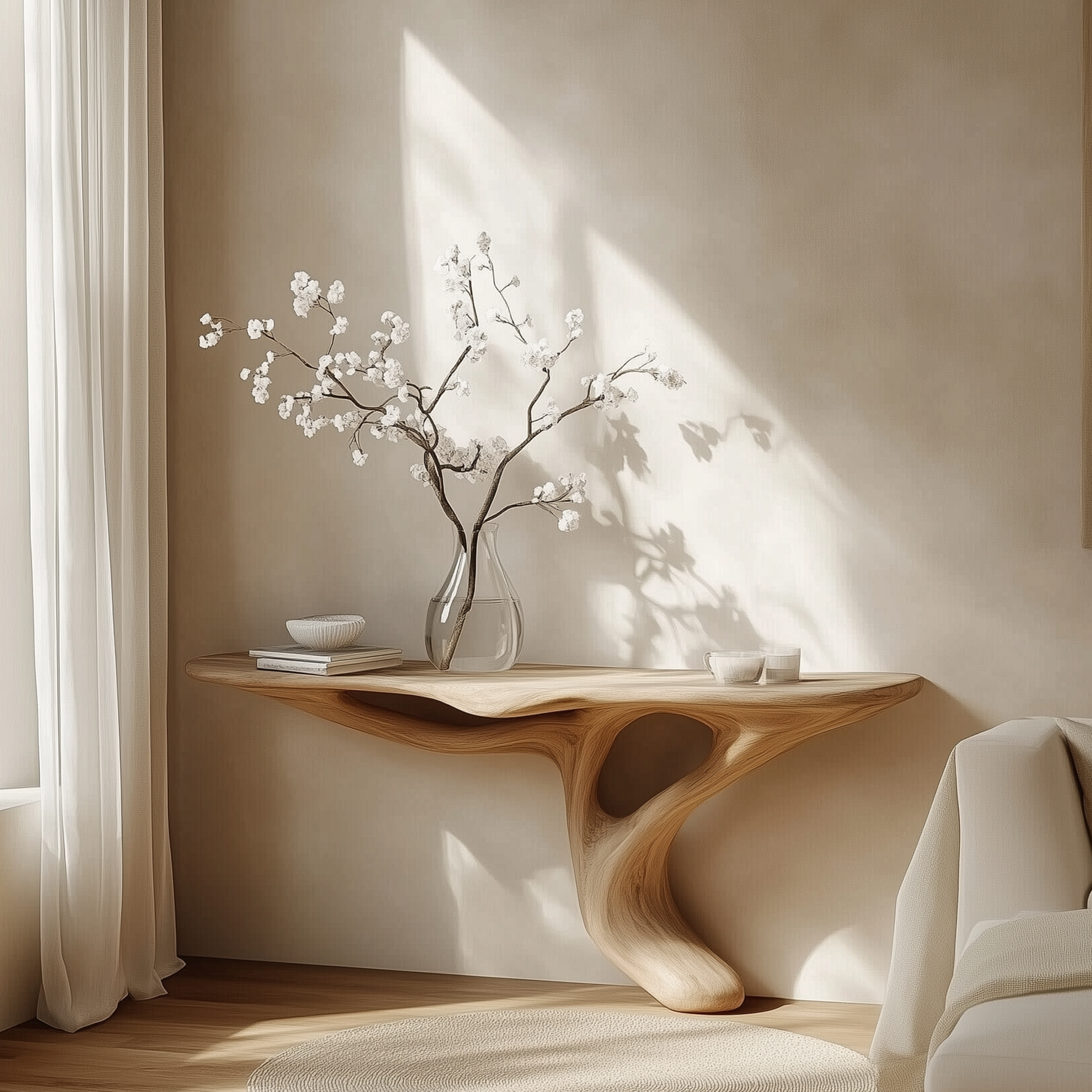 Minimalist Sculptural Wood Console Table, Organic Modern Entryway Table, Japandi Live Edge Furniture For Hallway Or Living Room - Bespoke Wood TTK