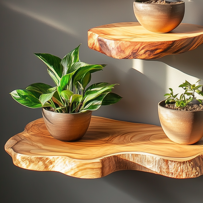 Sunrise Edge Floating Shelf – Organic Wood Corner Wall Display - Bespoke Wood TTK