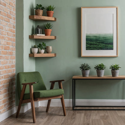 GrainPoint Corner Shelf – Handmade Floating Wooden Wall Shelf - Bespoke Wood TTK