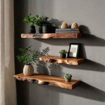 BarkHaven Floating Shelf – Rustic Live Edge Wall Shelves for Plants, Books & Natural Decor - Bespoke Wood TTK